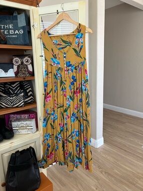 easel Mustard Floral Sleeveless Wide Leg Jumpsuit with Blue and Pink Blooms